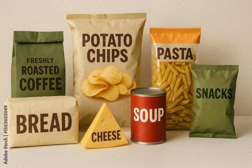 Poster assorted packaged food items displayed.