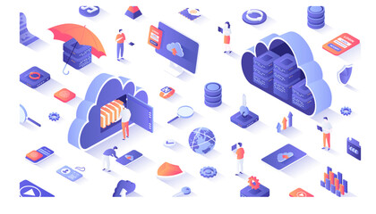 Cloud Computing. Web Cloud Technology, Data Storage, Hosting, Connection. Tiny people work with a cloud service platform. 3d isometric concept for web. Vector illustration.