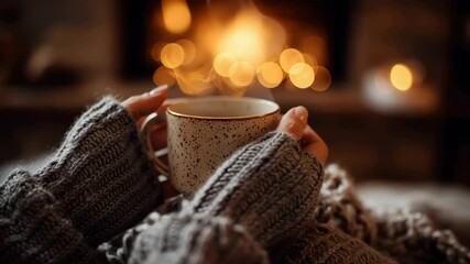 Cozy hands in warm knitted sweater holding steaming cup of hot beverage near glowing fireplace with soft bokeh lights creating relaxing atmosphere - Powered by Adobe
