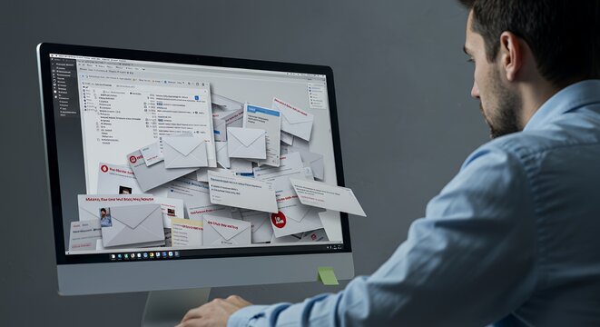 Overwhelmed by digital mail, a man struggles to manage his overflowing inbox, feeling the pressure of endless emails.