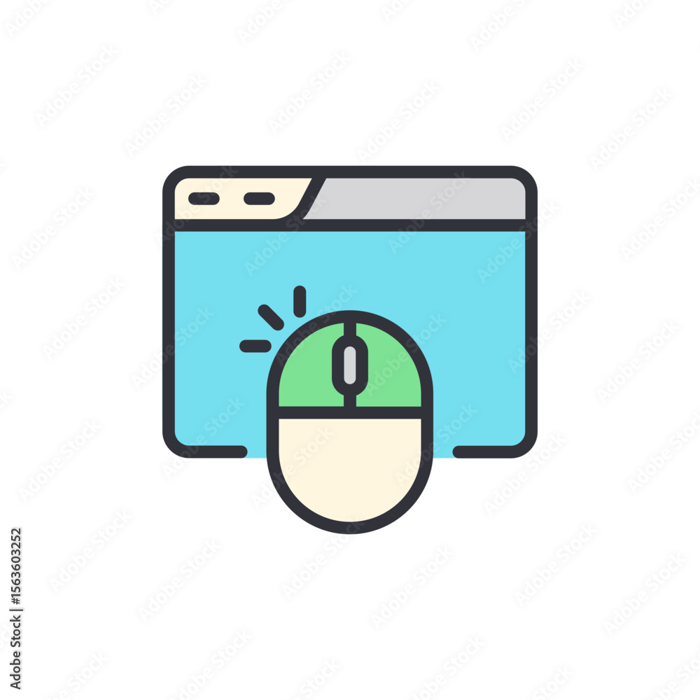 Poster computer mouse clicking in front of a browser window icon