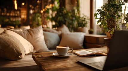 Lifestyle café scene with a coffee cup on a wooden table, surrounded by minimal decor, soft light, and cozy modern ambience.