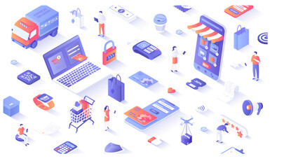 Online Shopping Services. Delivery and order goods in mobile application, digital payment. Tiny people make purchases in stores by phone or laptop. 3d isometric concept for web. Vector illustration.