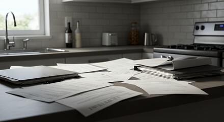 Unpaid Bills and Financial Documents Overflow a Kitchen Countertop, Creating a Scene of Stress and Overwhelm.