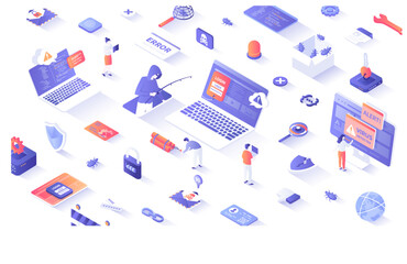 Internet Phishing and Hacking. Cyber phishing private personal data, documents, email, passwords. Cyber security awareness. 3d isometric concept for web. Vector illustration.