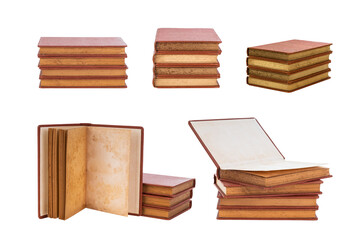 Set of antique vintage books with aged pages and red covers in various arrangements, isolated on...