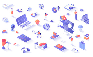 Marketing and Digital Promotion, Advertising, Communication. Tiny people promoting brand, influencing with content. 3d isometric concept for web. Vector illustration.