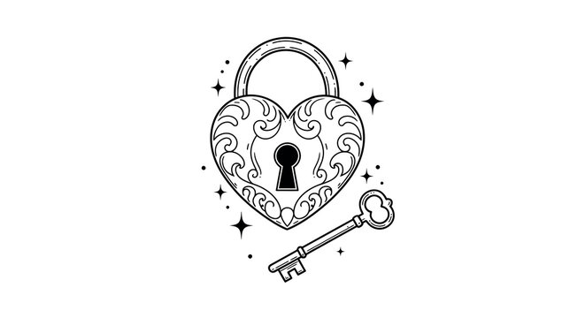 Heart shaped lock and key vector illustration: romantic symbol design for prints and cards in line art style