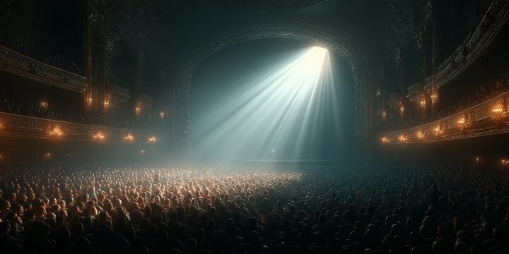 Crowd gathers in theater as spotlight shines brightly over the stage during a live performance event at night
