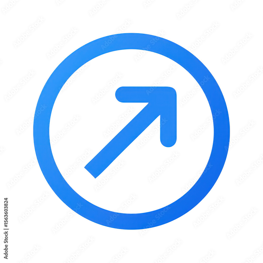 Poster blue arrow pointing up and right inside a circle isolated on transparent background