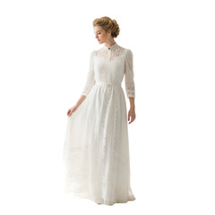 A woman in a long white lace dress poses elegantly, isolated on transparent background, showcasing vintage fashion and timeless style
