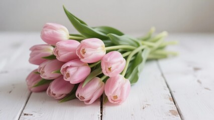 Bouquet of Pink Tulips on a White Wooden Surface
