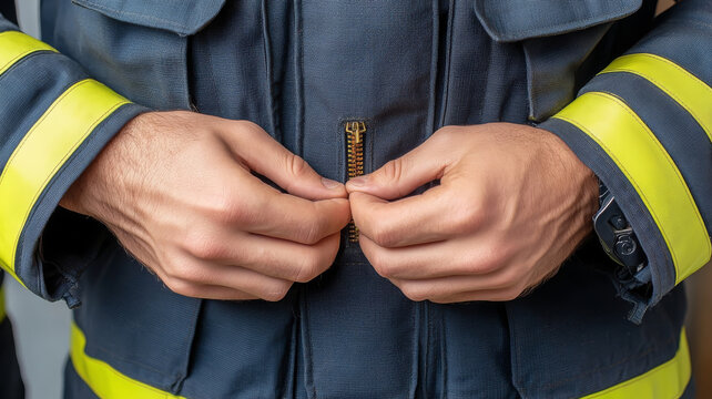 Firefighter hands align zipper on protective uniform, safety, focus, emergency, responsibility