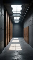 Modern Industrial Corridor with Skylights and Wooden Panels