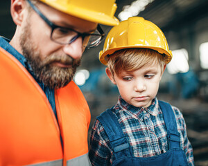 A man wearing safety glasses and a vest guides a young boy in a hard hat and plaid shirt inside an industrial setting.