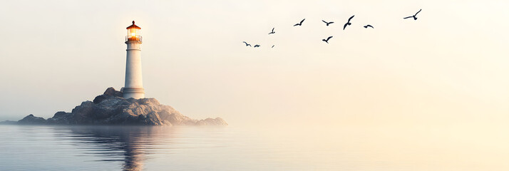 Intriguing lighthouse beams vivid stories and fairytales across a vast ocean wide banner - white background © YouAreBeautiful