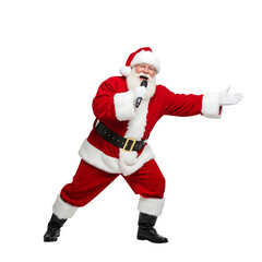 Santa claus joyfully singing into a microphone in full costume isolated on transparent background, spreading holiday cheer with a festive performance