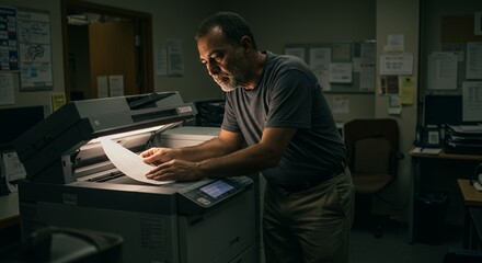 Focused man carefully feeds a document into a large office copier, illuminated by its internal light in a dimly lit room.