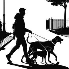 Silhouette of a person walking two dogs on leashes in a park setting