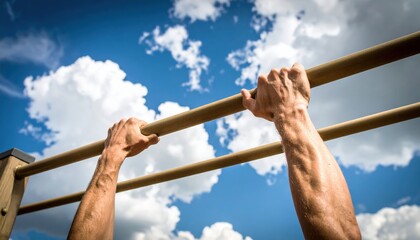 Close Up Of Hands Pulling Up On Outdoor Wooden Pull Up Bar Under Blue Sky