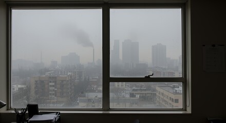 Urban cityscape viewed through a rain-streaked window on a gloomy day, evoking a sense of quiet contemplation and atmospheric density.
