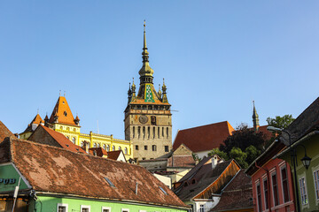 Clock Tower in Historic Sighisoara, Mures County, Romania &ndash; Medieval Landmark and Cultural Heritage at Night
