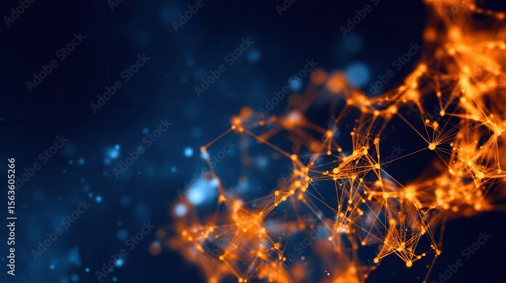 Poster abstract network design with glowing orange lines and points on a dark background.