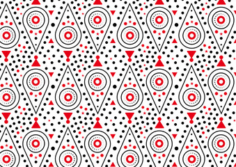 A repeating geometric pattern circles, stars, rows black dots, and triangles