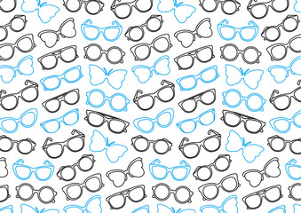 High res seamless, vector pattern of sunglasses, cat eye, butterfly, round