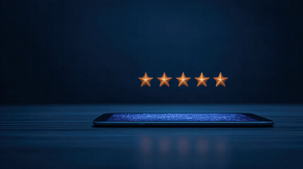 A smartphone displays five glowing stars above it, symbolizing a perfect five-star rating or review in a dark, minimalistic setting.