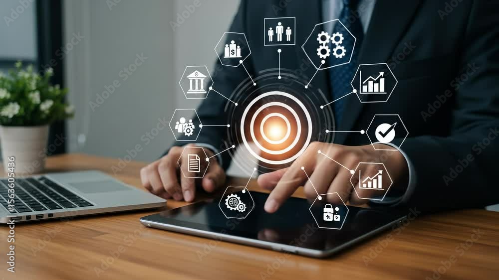 Poster business technology: man in suit leverages tablet displaying digital business management icons for s