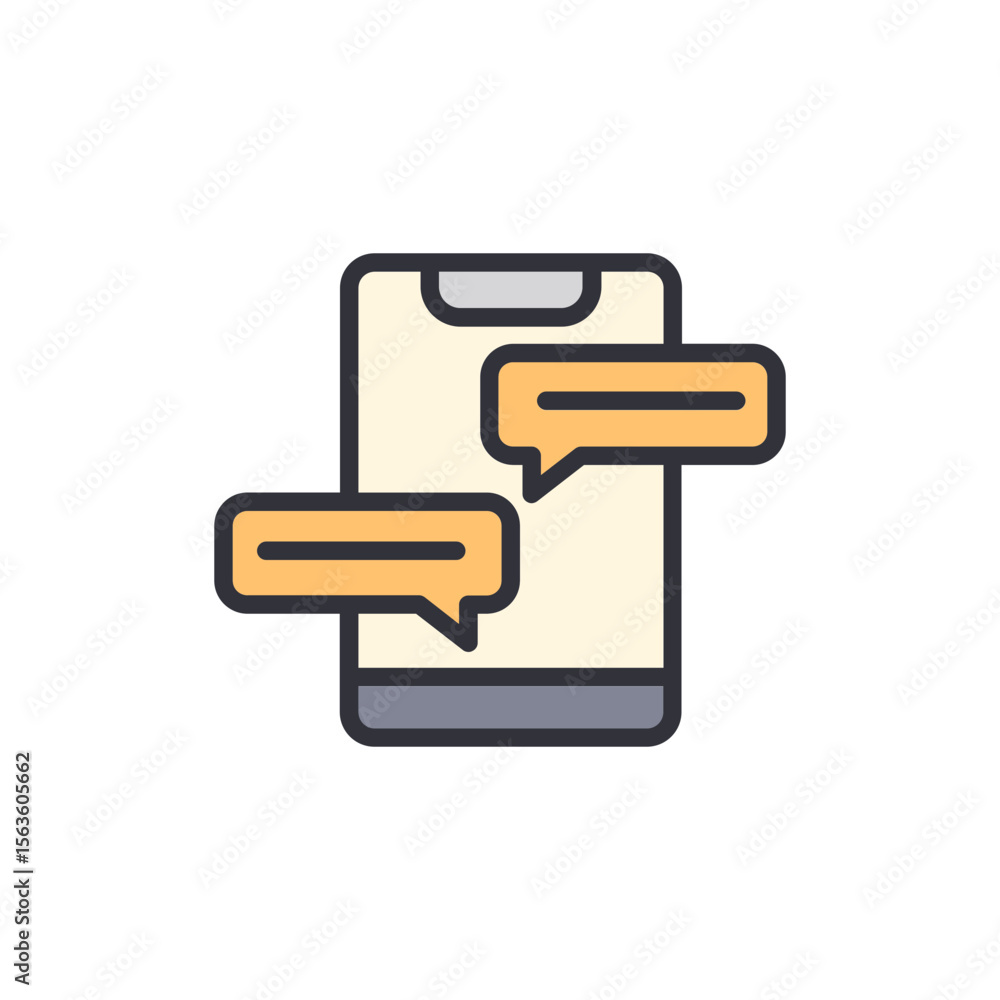 Poster stylized mobile device displaying conversation bubbles, set on transparent backdrop