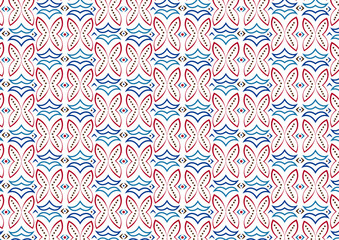 Vector pattern with floral, butterfly, dots, blue curves, diamonds symmetrical