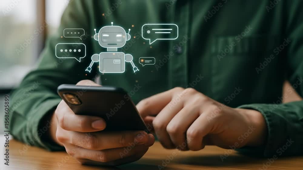 Poster using chatbot ai on smartphone: man in green shirt uses digital chatbot technology to communicate wi
