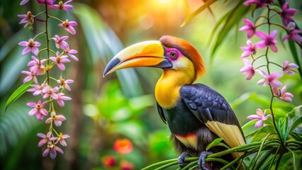 A Vibrant Hornbill Perched Amidst Lush Tropical Foliage and Delicate Orchids, Bathed in Golden Sunlight