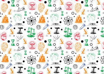 A colorful, seamless vector pattern, atoms, rockets, globes, clouds