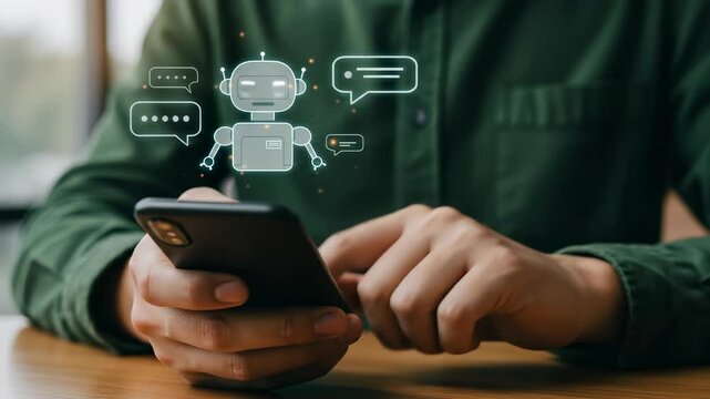 Using Chatbot AI on Smartphone: Man in green shirt uses digital chatbot technology to communicate with robotic assistant on phone.