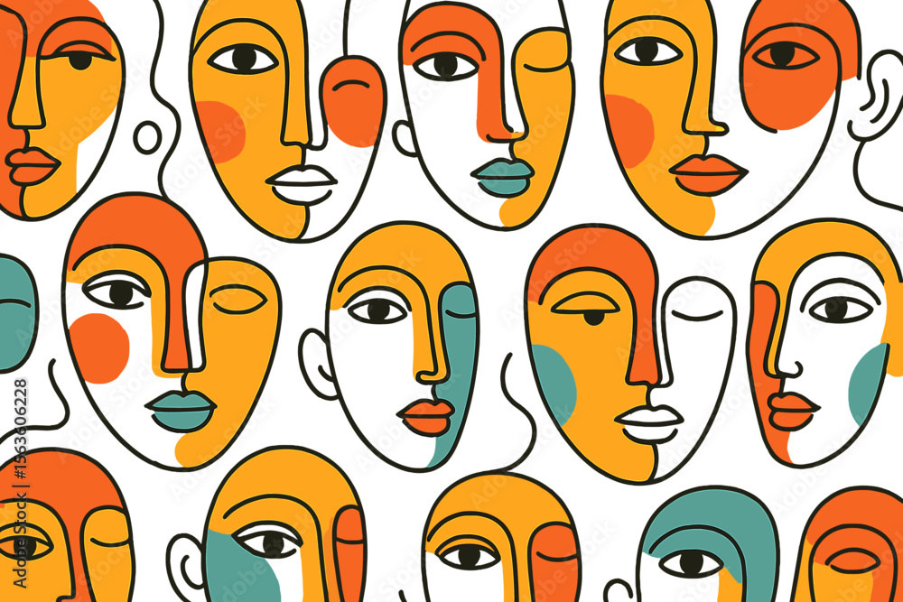 Poster colorful abstract faces create a vibrant and captivating pattern in a modern art design that enhance