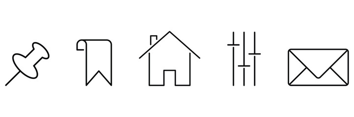 Pin, bookmark, home, settings, mail icon set vector illustration in minimal outline style for UI interface website navigation message design.