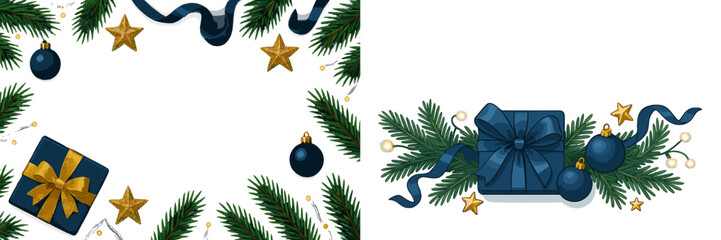 Decorative holiday arrangement featuring gifts, ornaments, and pine branches for festive celebrations