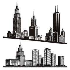 Two Black and White City Skyline Silhouettes monochrome