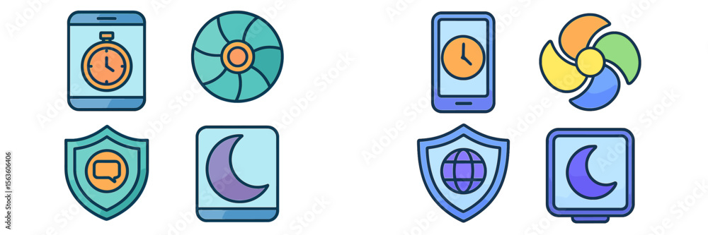 Poster collection of colorful digital icons representing time management and data protection