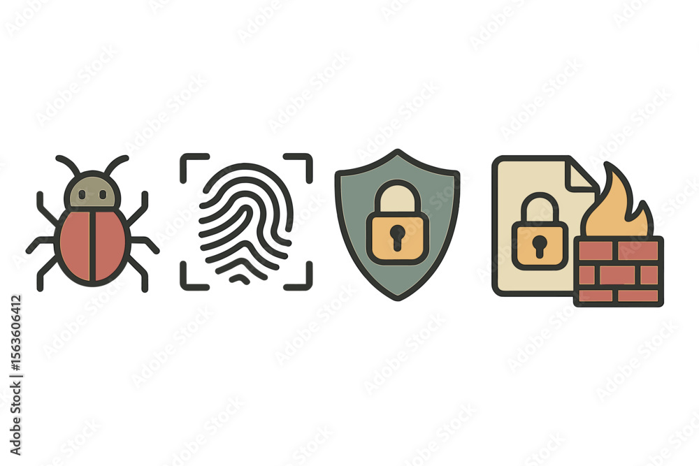 Poster security icons representing cybersecurity measures against threats and vulnerabilities in digital en