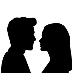 Black silhouette of man and woman faces looking at each other on white background