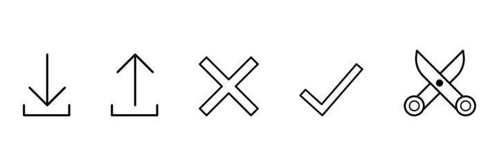 Fototapeta premium Download, upload, cancel, check, cut icon set vector illustration in minimal outline style for interface UI symbol web mobile design.