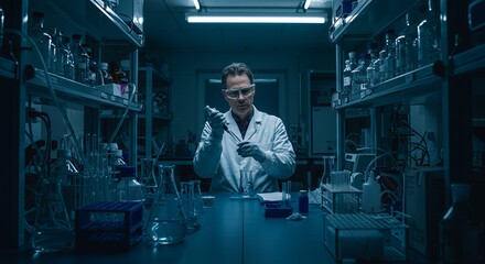 Focused scientist meticulously pipettes liquid in a dimly lit laboratory, engrossed in scientific research late at night.