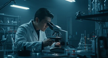 Focused scientist meticulously examines a sample under a microscope in a dimly lit laboratory, engrossed in scientific research.