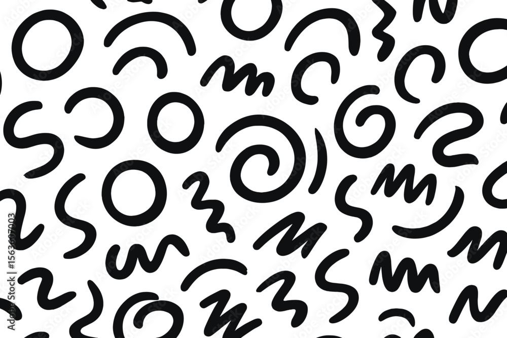 Poster unique abstract patterns with black lines on white background featuring circles and squiggly shapes 