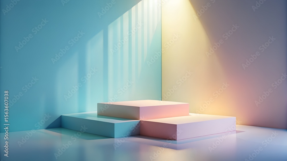 Poster a pastelcolored geometric podium with cubes and blocks stands in a corner with light and shadows