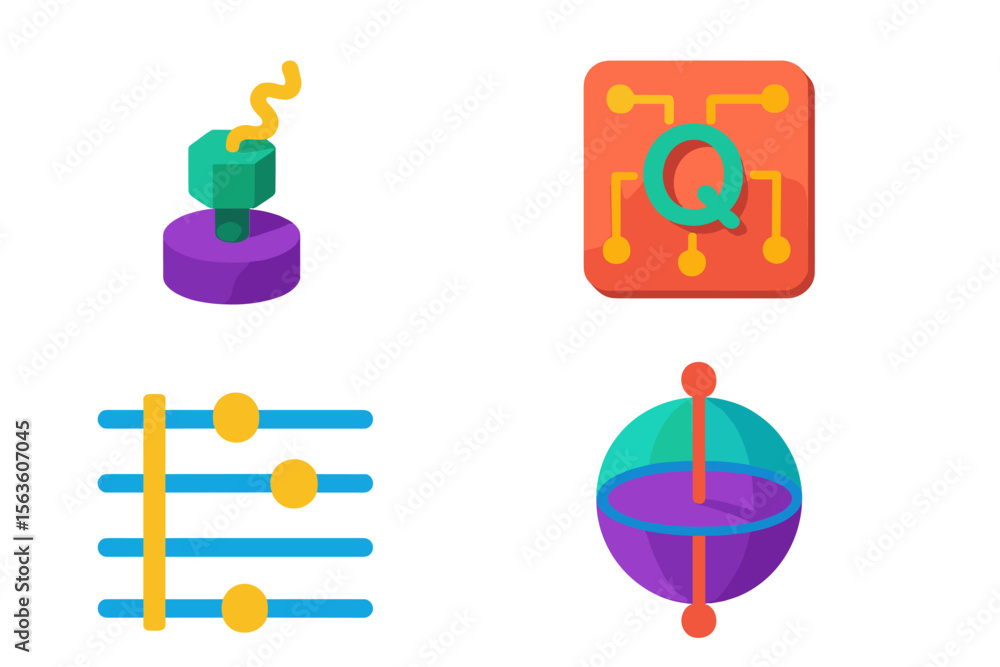 Poster colorful abstract symbols representing technology, programming, and digital interfaces in a modern g